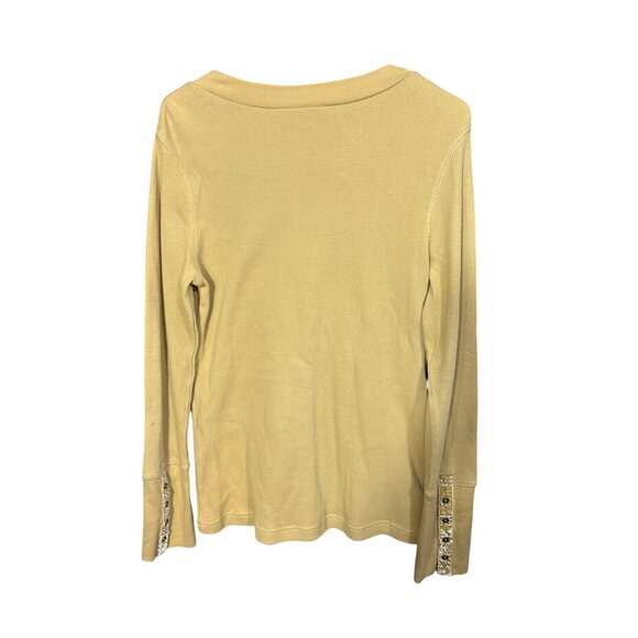 Sundance Mustard Yellow Long-Sleeve Waffle Knit Top W/ Velvet Button Cuff Accent - Picture 2 of 4